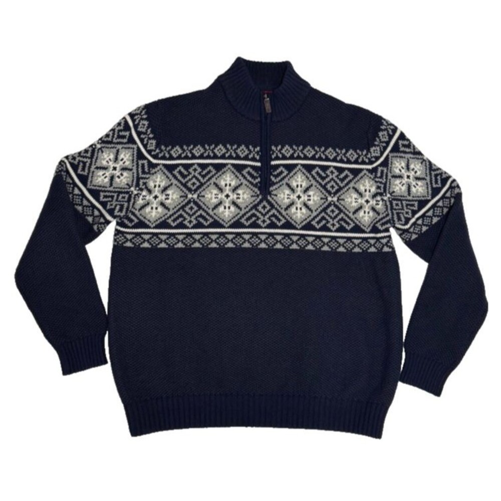 Izod Nordic Fair Isle Quarter Zip Sweater Mens XL Navy Blue Poly Blend Christmas